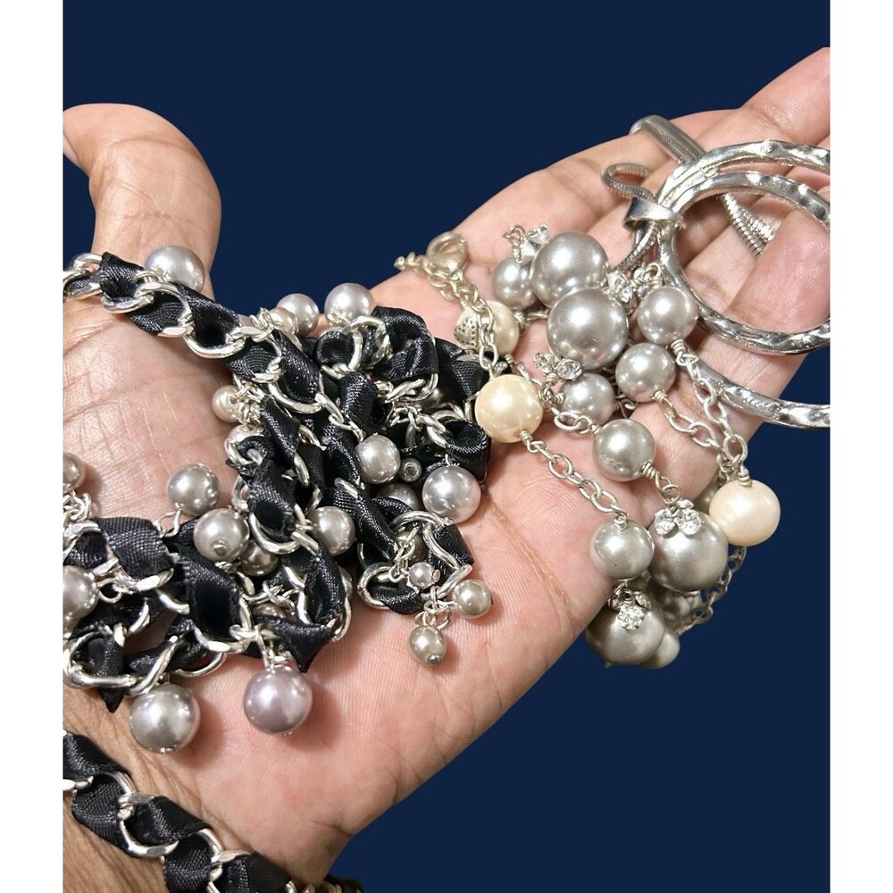 Silver Tone Necklace Lot 3 Long Statement Ribbon Faux Pearl Pendant 90s Y2K